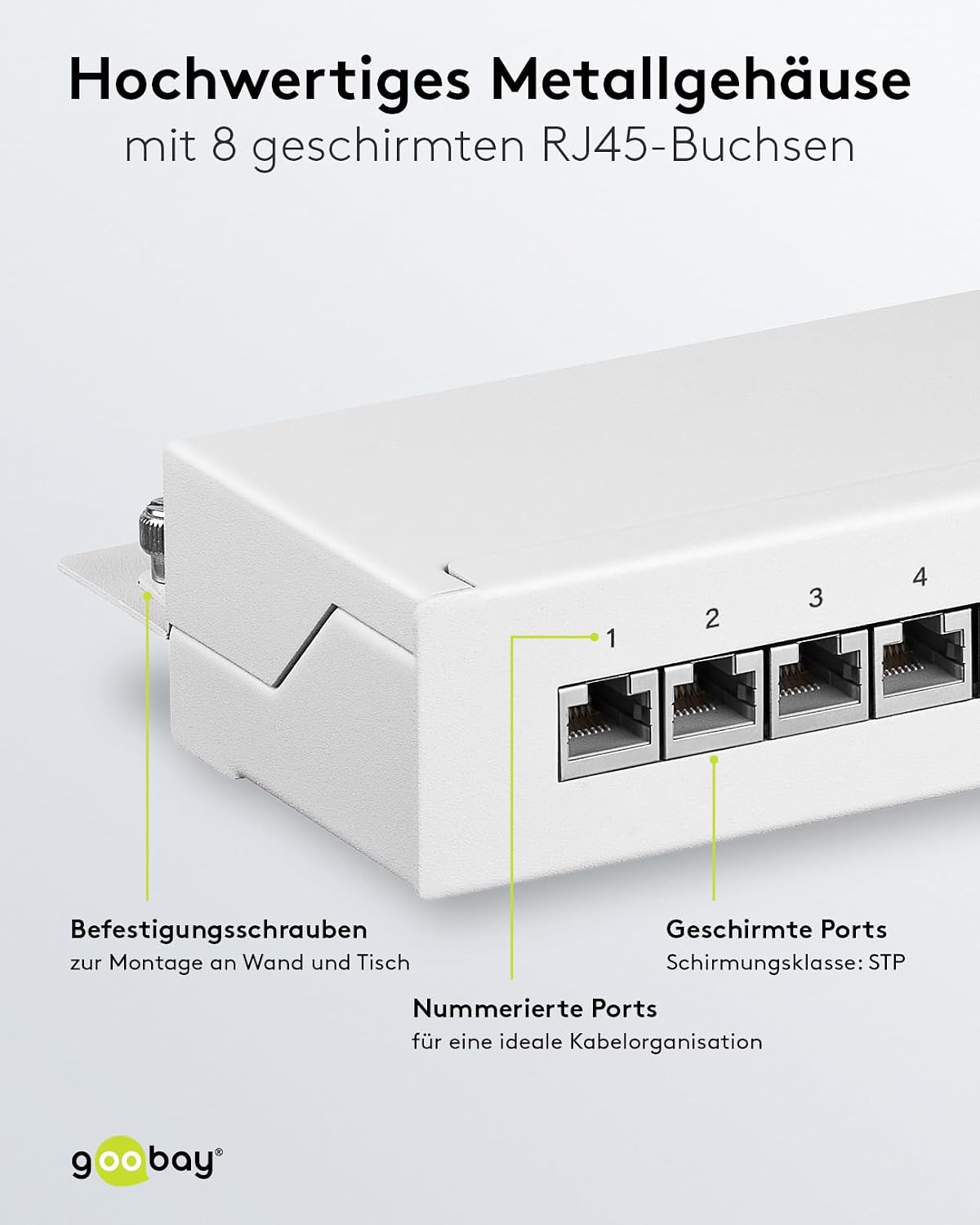 Detalle de Goobay 62069 CAT 6-patchpanel med 8 RJ45-portar, STP och 250 MHz