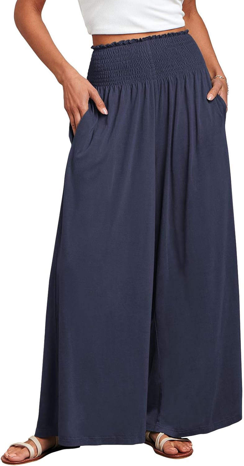 Detalle de ANRABESS Women Palazzo Pants: Smocked High-Waist, Wide-Leg Lounge Pant with Pockets