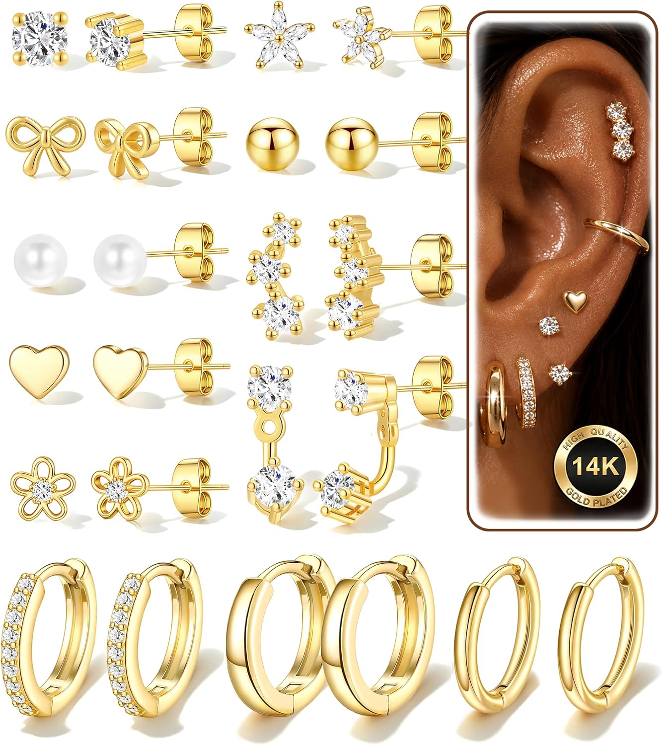 Detalle de Gold-Plated Stud Earrings Set, 12 Pairs