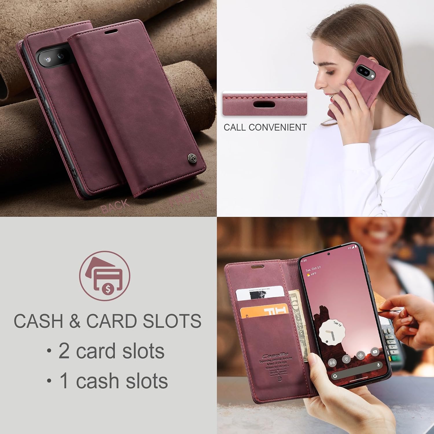 Thumbnail 6 de Ottcooed Premium Leder Flip Case für Google Pixel 9a – Weinrot, Magnetverschluss, Standfunktion & Kartenfach