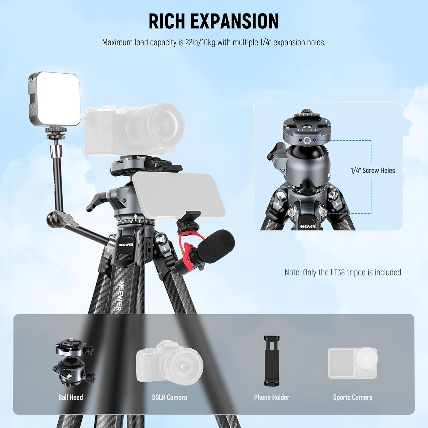 Thumbnail 5 de NEEWER LITETRIP LT38 61" carbon fibre travel tripod with 360° pan tilt ball head