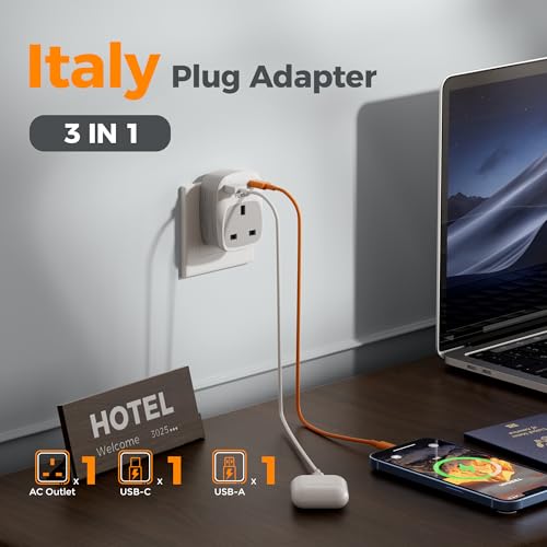 Detalle de TESSAN UK to Italy Plug Adapter with USB-C: 3-in-1 Travel Power Solution