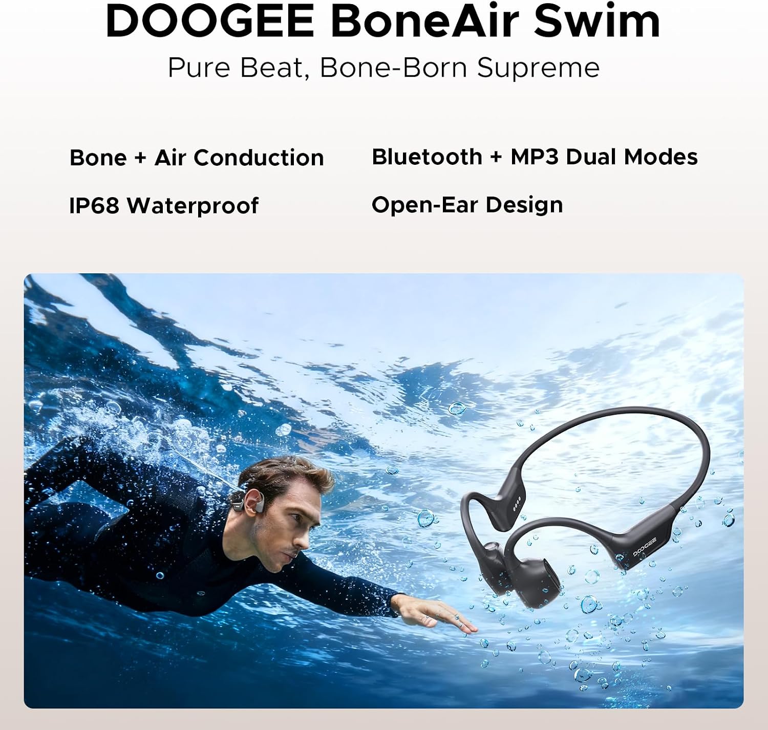 Detalle 2 de DOOGEEeco Cuffie a Conduzione Ossea per Nuoto, 64 GB MP3, Bluetooth 5.4, IP68 – grigio scuro