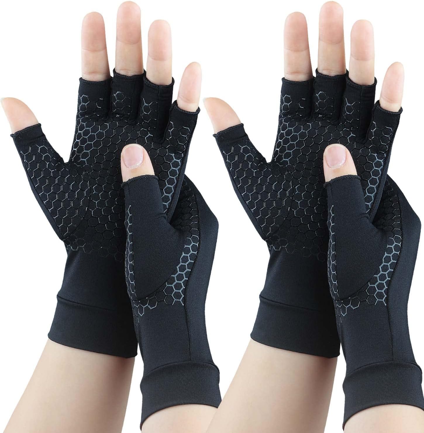 Detalle de Gorbgle X-Large Copper-Infused Fingerless Compression Gloves, Black, 2 Pairs