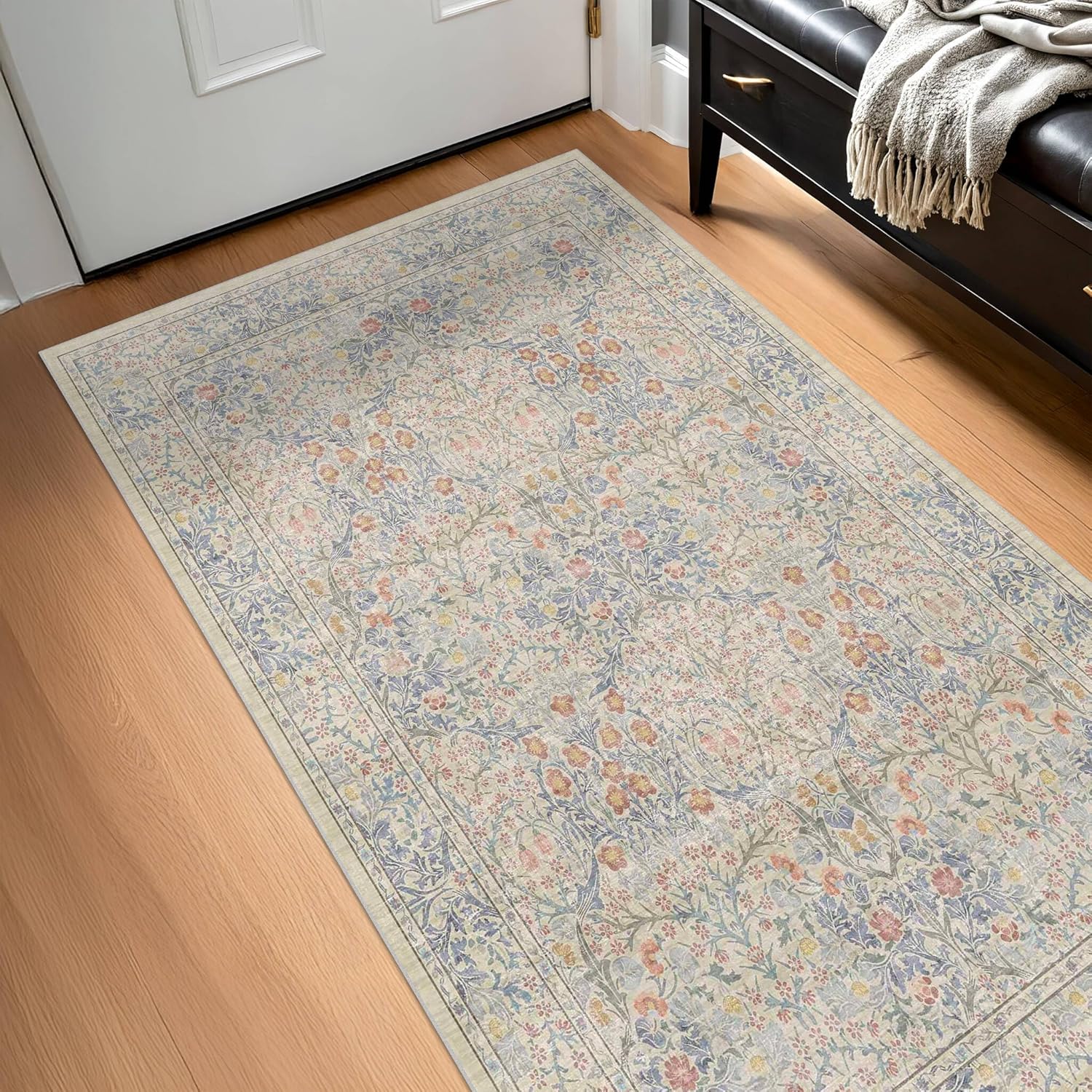Thumbnail 6 de Hazo Haus Washable Dark Blue Rug (10x14) – Vintage Floral, Non-Slip, Machine-Washable