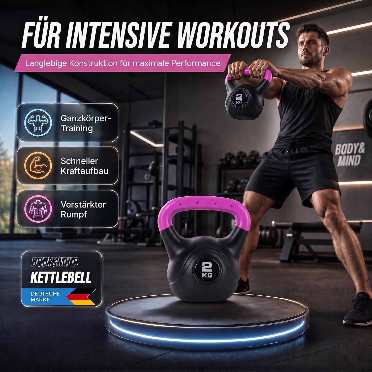 Detalle de Body & Mind Kettlebell Kugelhantel 2–20 kg – Profi Fitness Schwunghantel aus Kunststoff