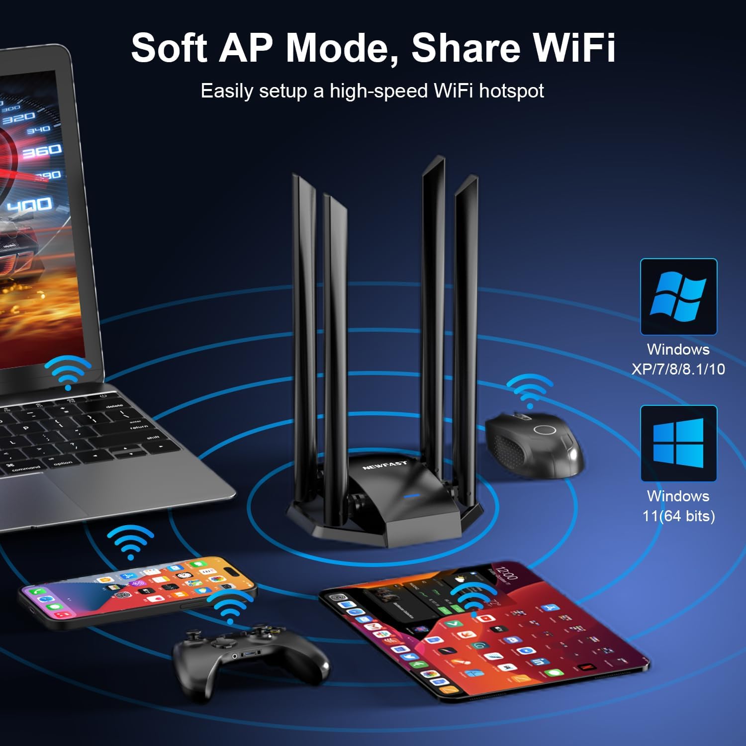 Thumbnail 6 de NEWFAST WLAN-Stick AC1300 (1300 Mbit/s) für PC mit 4x 6dBi, Dual-Band und WPA3