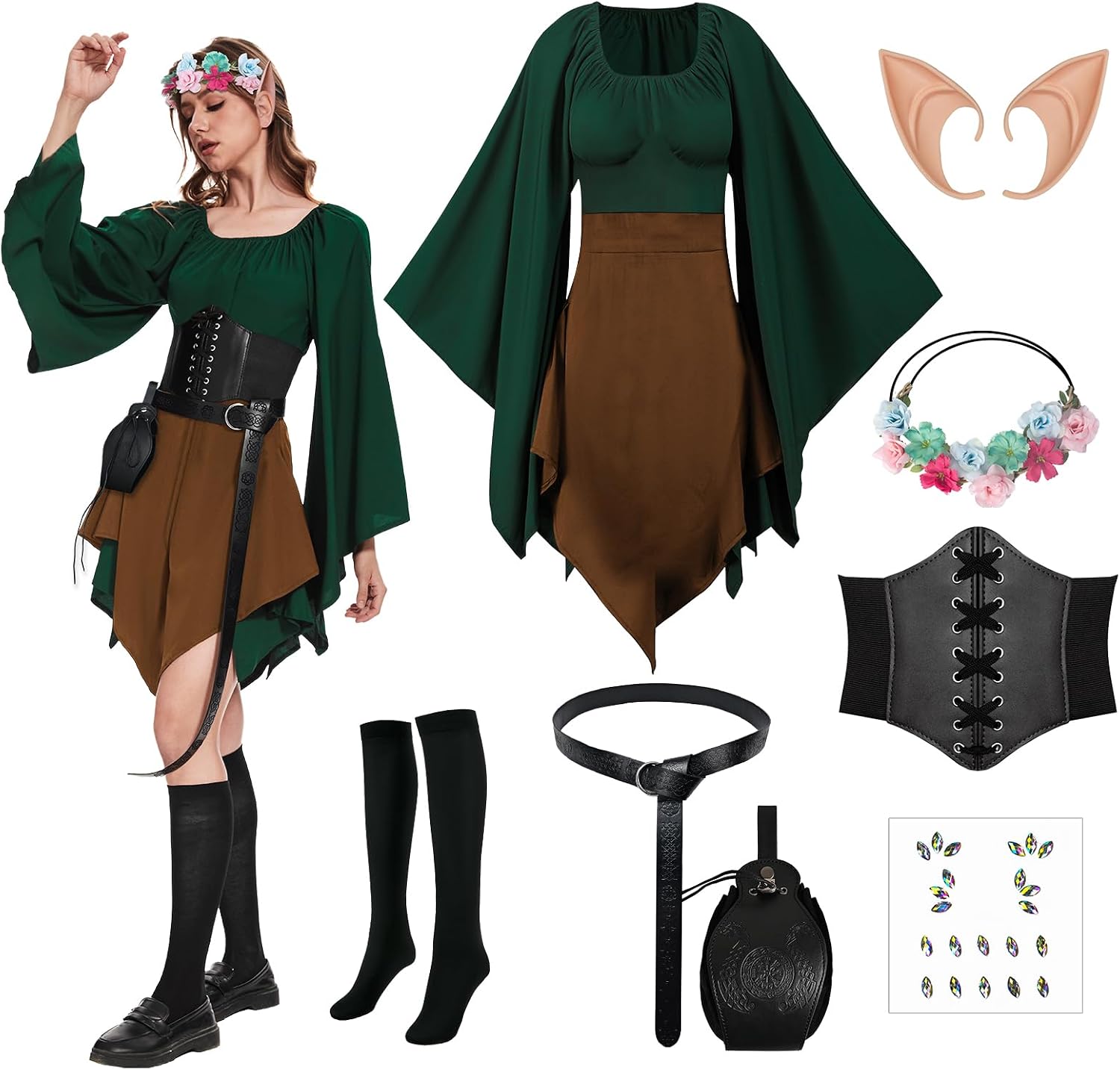 Detalle de HODBLKT Women’s Elf Costume, 8-Piece Renaissance Irish Dress Set
