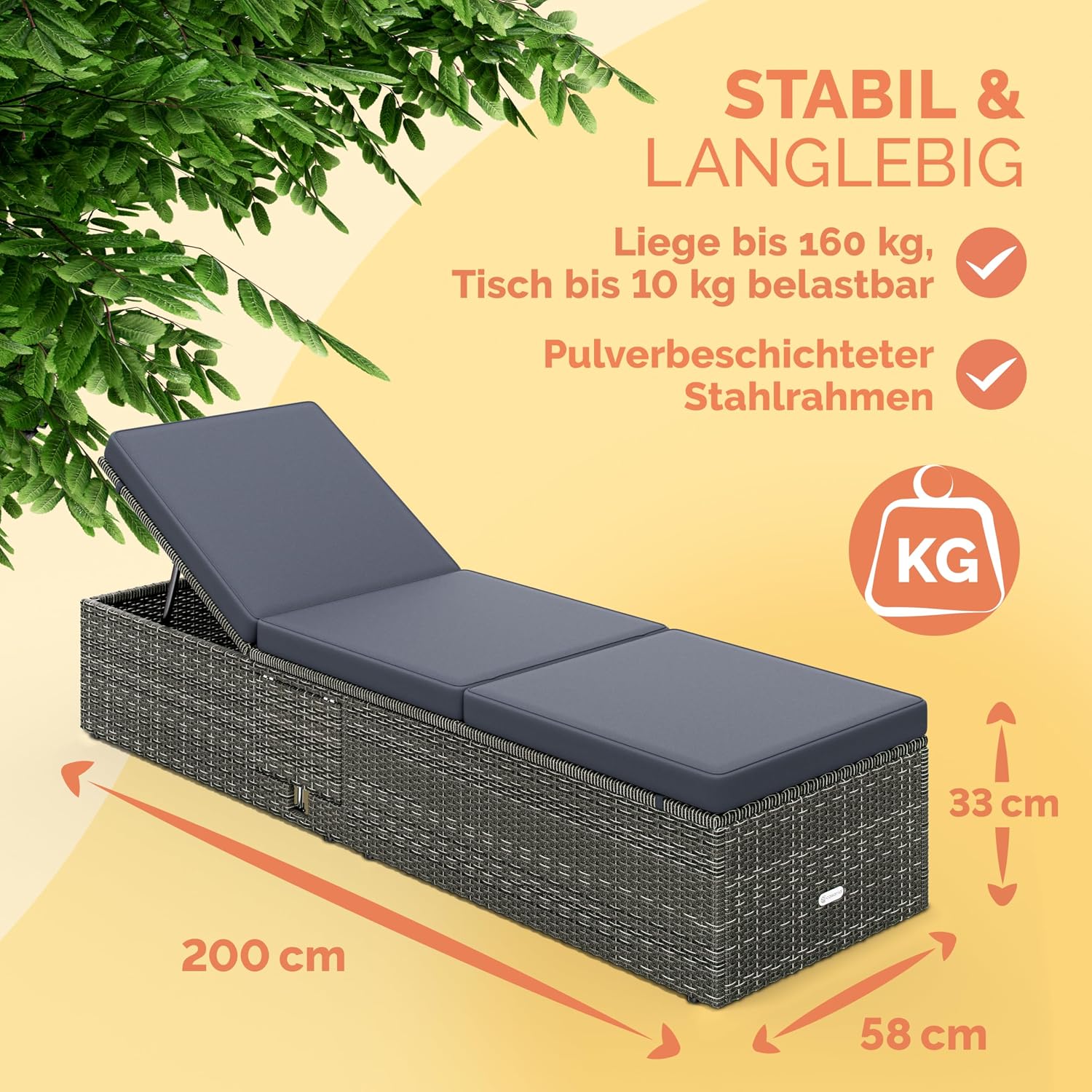 Detalle 2 de Casaria Sonnenliege mit Klapptisch – 200x58 cm, 7 cm Auflagen, wetterfest, bis 160 kg