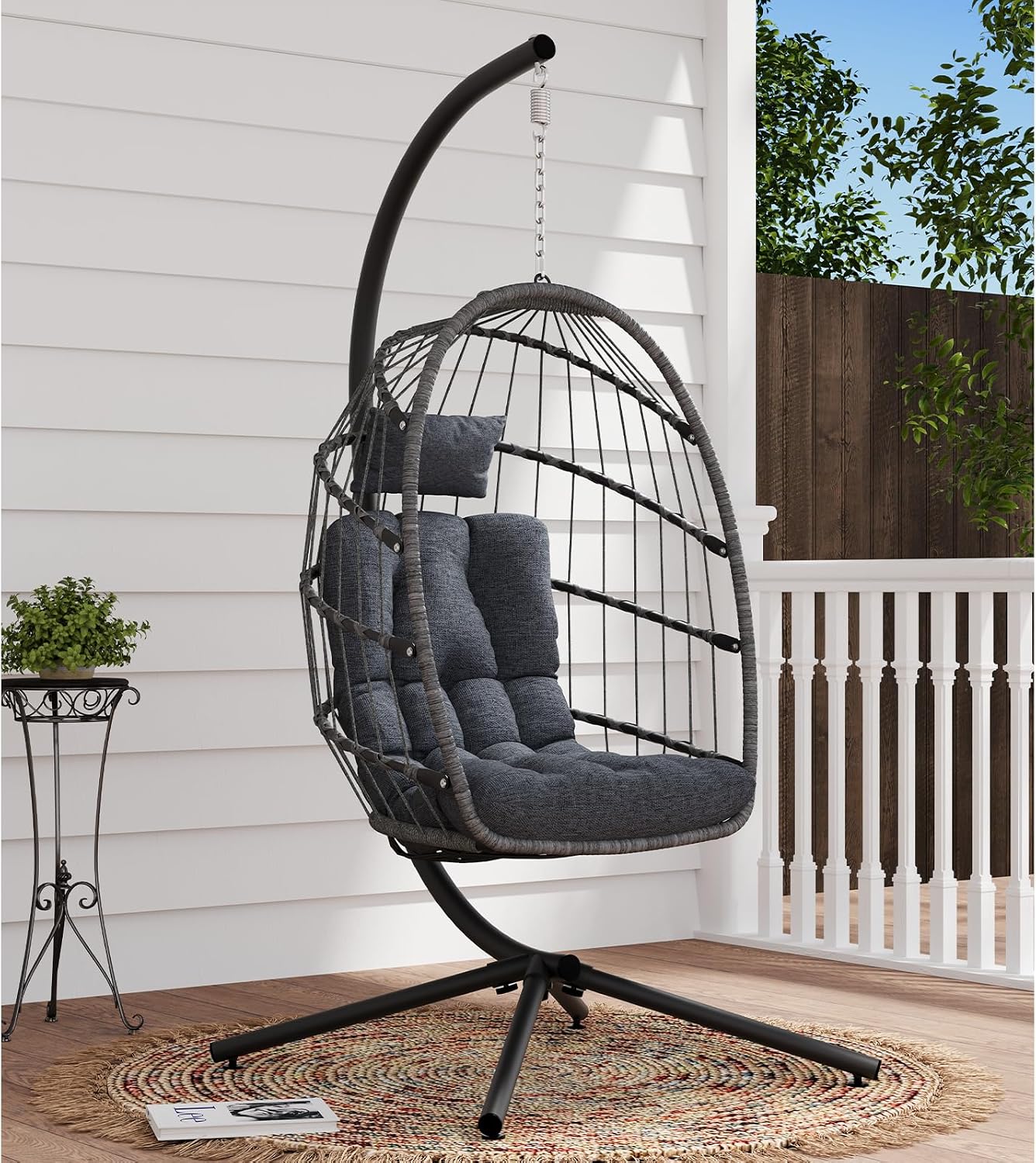 Detalle de SWITTE Egg Chair Outdoor Wicker Swing Chair with Stand, Dark Grey