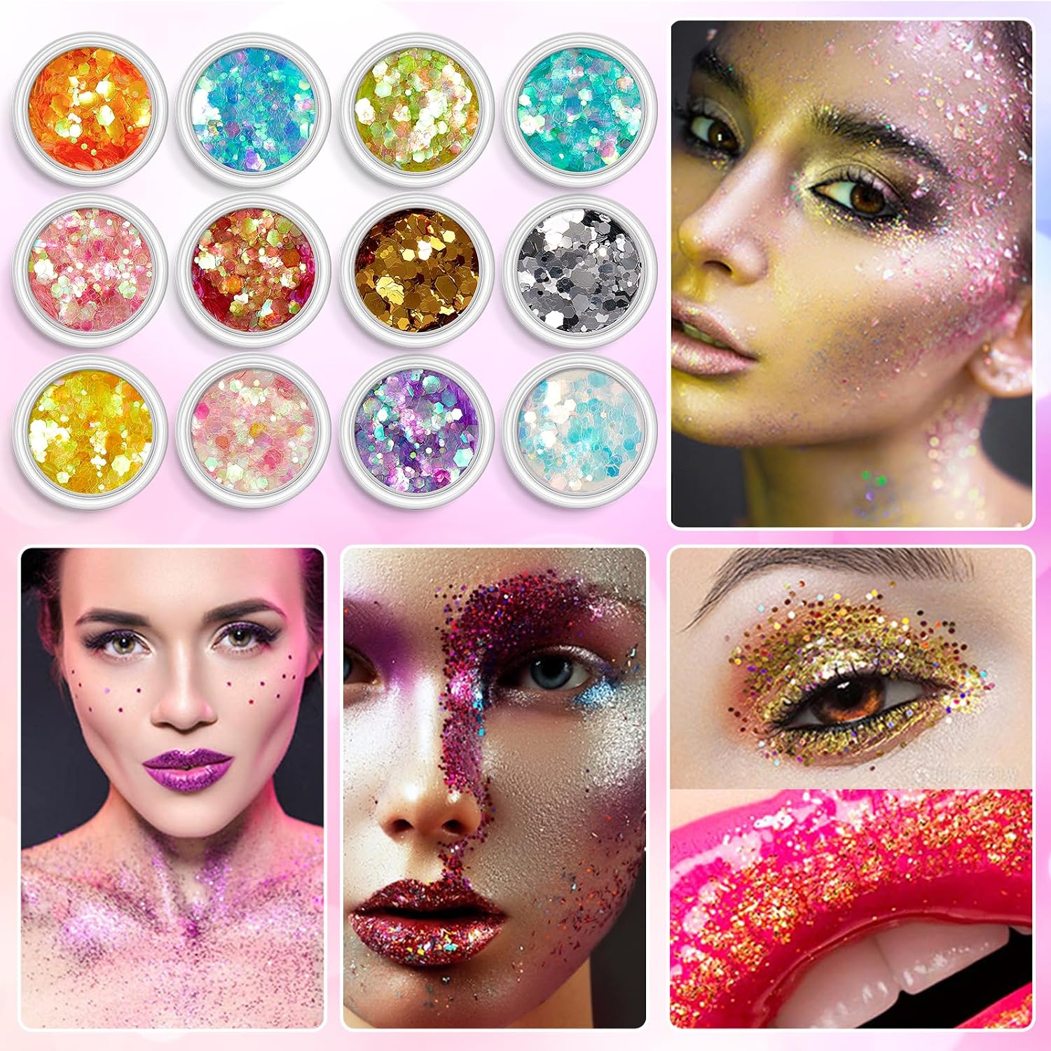 Detalle de AOOWU Paillettes Unghie: kit polvere glitterata olografica con 12 colori per DIY viso, corpo e manicure