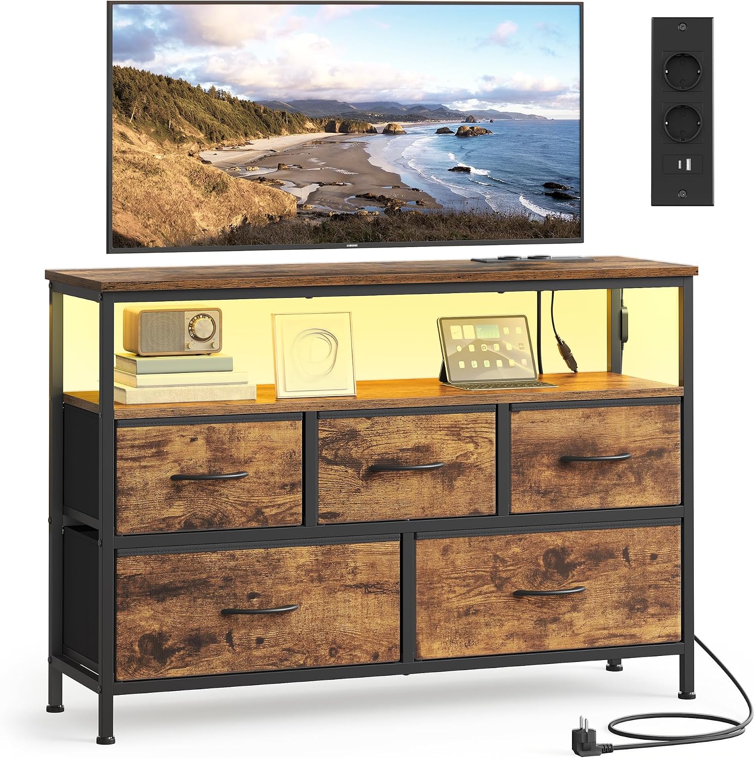 Detalle de SONGMICS BELLAH LGS723KD01 commode met ledverlichting, 5 stoffen lades en stopcontacten