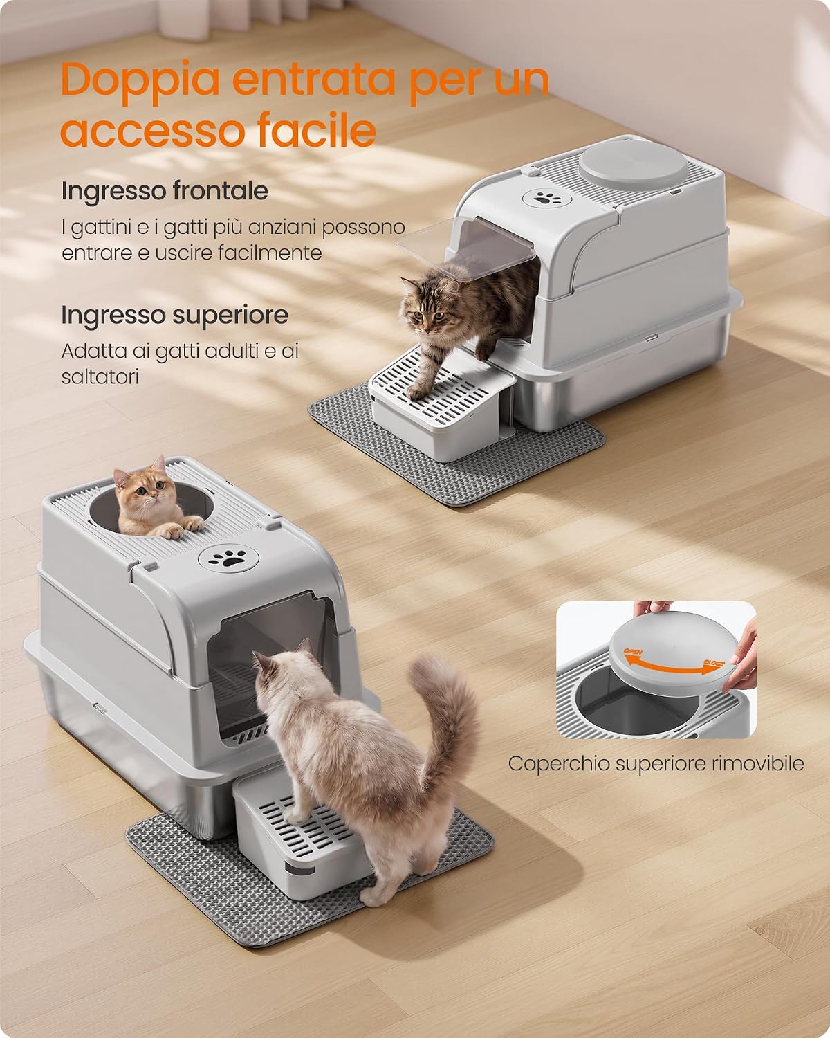 Detalle de Feandrea Lettiera per Gatti in Acciaio Inox con Coperchio: lettiera chiusa, 2 ingressi e kit completo