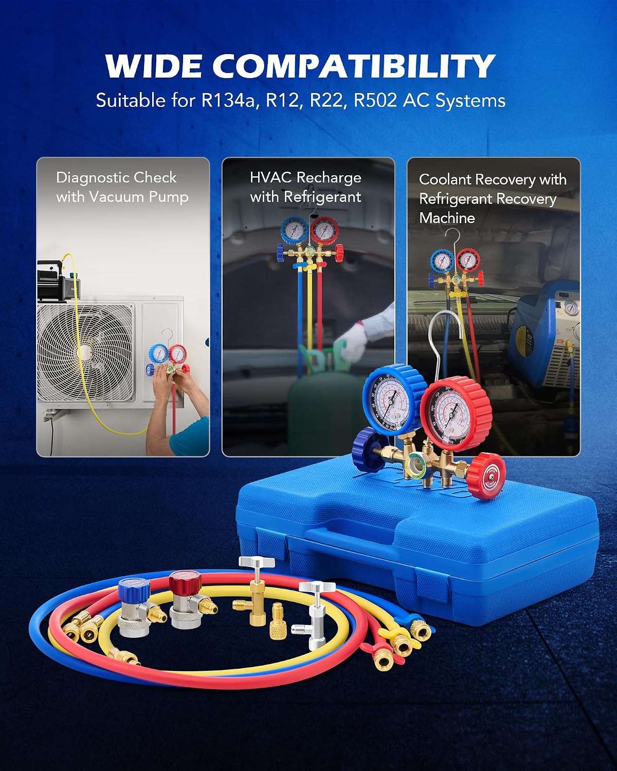 Detalle de Orion Motor Tech AC Gauges: 3-Way Manifold with R134a/R12/R502 Compatibility