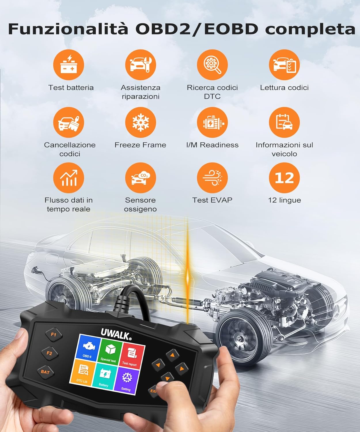 Detalle de Scanner OBD2 EOBD per diagnosi motore in italiano con funzioni avanzate e funzioni I/M, batteria e carbonio