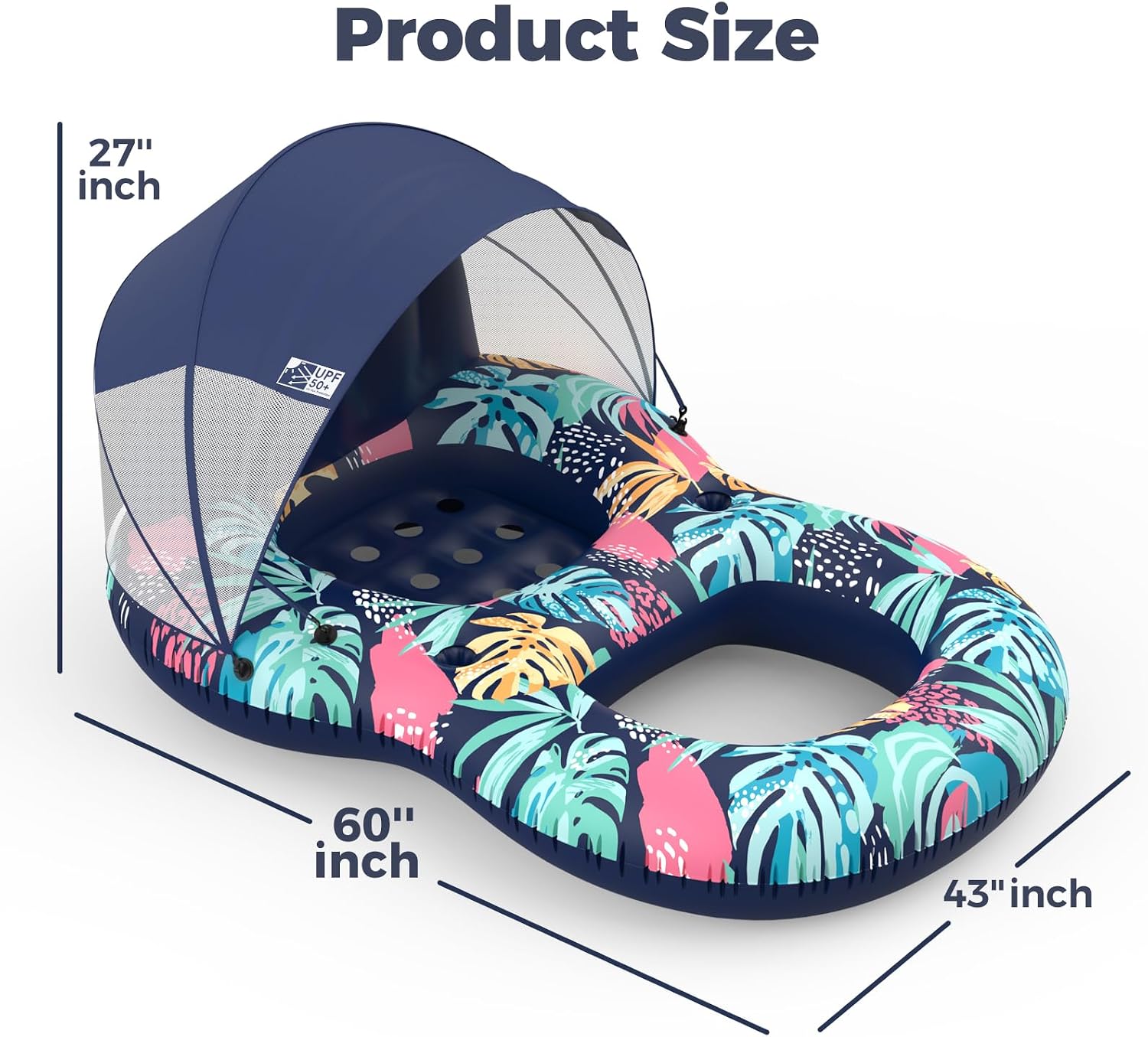 Detalle de POVRYE Pool Floats Adult with UPF 50+ Sunshade Canopy – Wide, Comfy Lounger with Cup Holders
