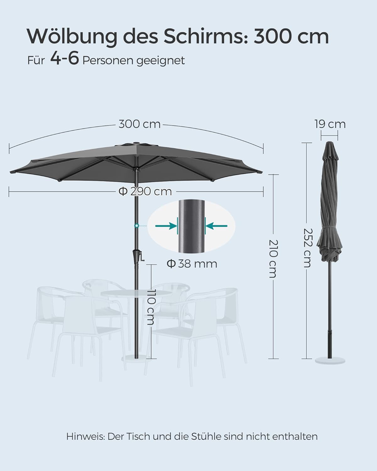 Thumbnail 6 de SONGMICS Gartenschirm Ø 300 cm GPU30GYV1 – Marktschirm mit Kurbel, UV-Schutz UPF 50+, klappbar, grau