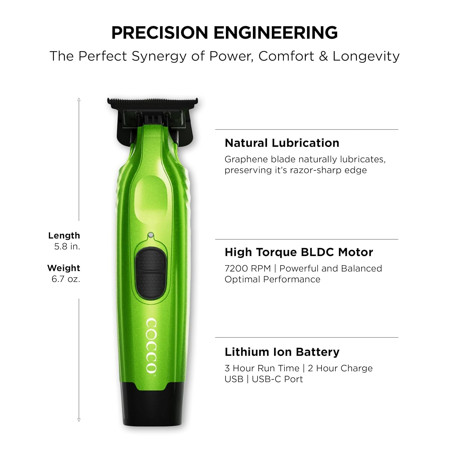 Detalle 2 de Cocco Hyper Veloce Pro CHVPT-Green Trimmer, Graphene T-Blade, Cordless BLDC Motor