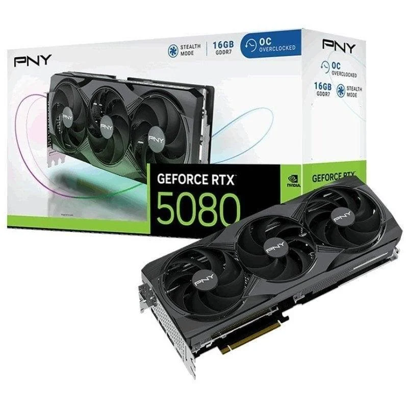 Detalle de PNY GeForce RTX 5080 Overclocked Triple Fan 16GB GDDR7 Reflex 2 RTX AI DLSS4