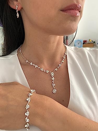 Detalle de ONDEGO 3er Set Silber Strass Schmuck – Halskette, Ohrringe & Armband für Hochzeit, Kommunion und Ball
