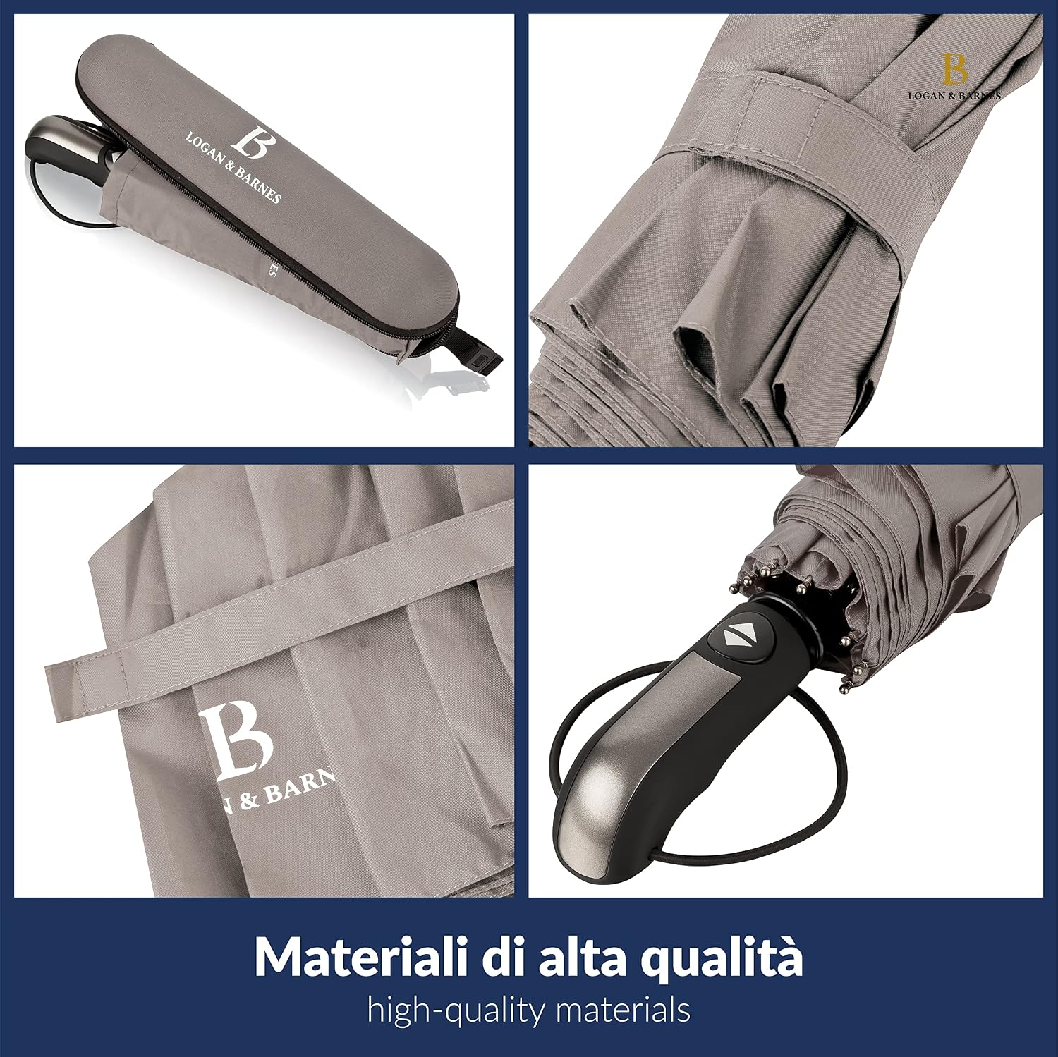 Detalle de Ombrello Pieghevole Automatico Manchester di Logan & Barnes – resistente al vento fino a 140 km/h