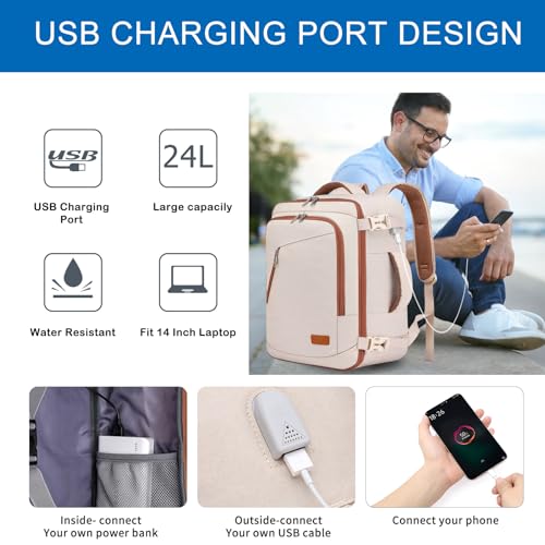 Detalle de WENIG Mochila de viaje cabina 40x30x20 cm con puerto USB para portátil 14" | Beige-marrón