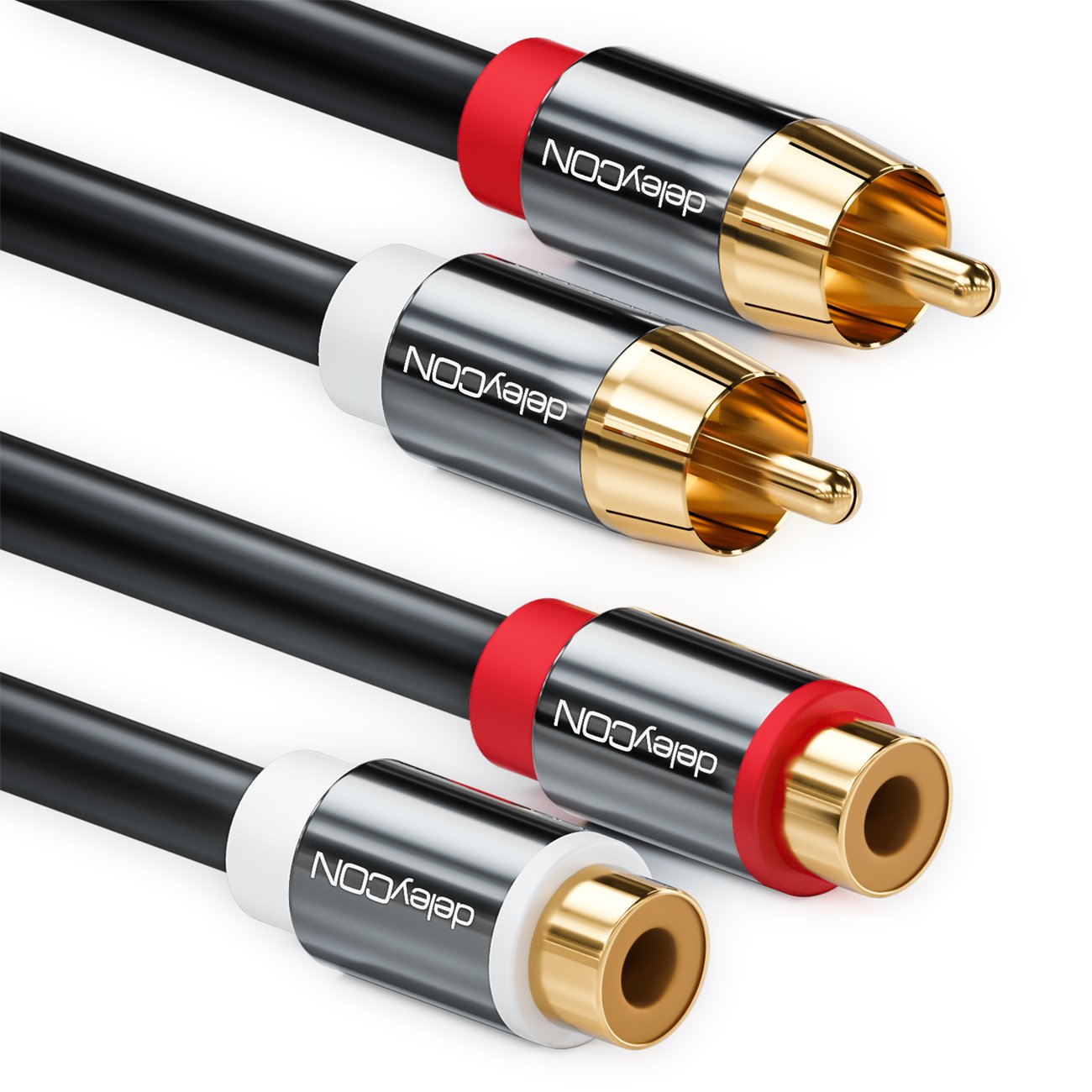 deleyCON 2m Cinch RCA Verlängerungskabel – 2x Stecker zu 2x Buchse, vergoldete Metallkontakte, Schwarz