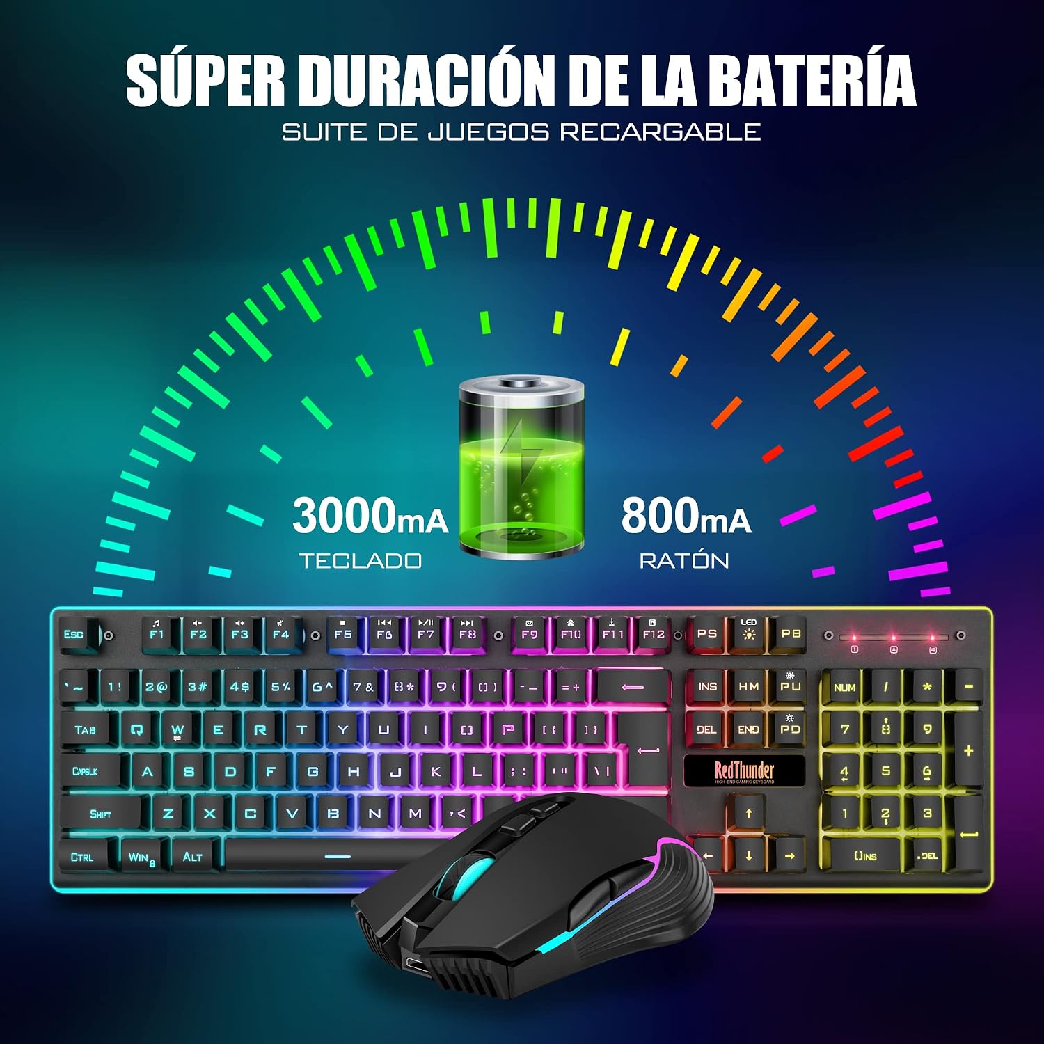 Detalle de RedThunder K10: Teclado y Ratón Inalámbricos Gaming con Iluminación RGB y Batería Recargable (Disposición ES) para PC/PS5/Xbox
