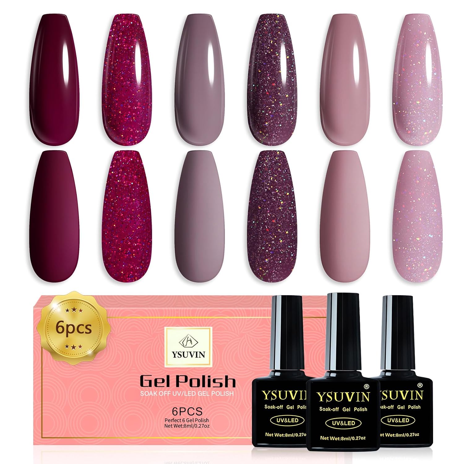 Detalle de YSUVIN UV Nagellack Set – 6 Farben Burgund, Taupe, Rosa, Lila Glitzer (8 ml) für DIY Nail Art