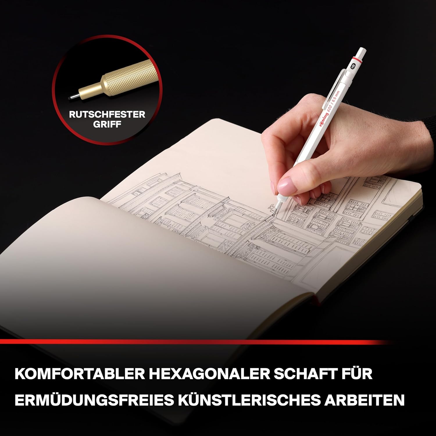 Thumbnail 6 de rOtring 600 portemine HB 0,5 mm blanc nacré – corps entièrement métallique à prise crantée
