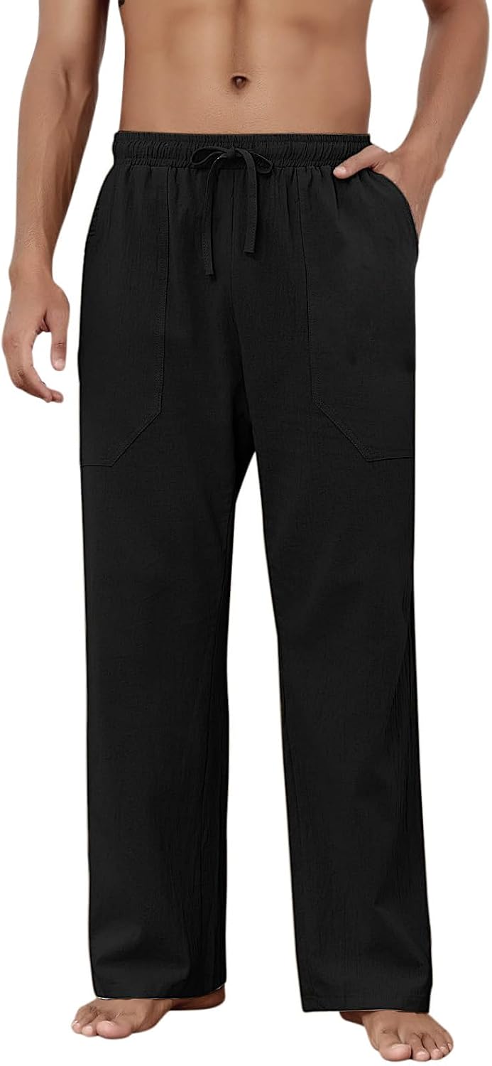 Detalle de Puimentiua Cotton Linen Pants for Men – Casual Loose Fit with Drawstring Waist (Summer Beachwear)