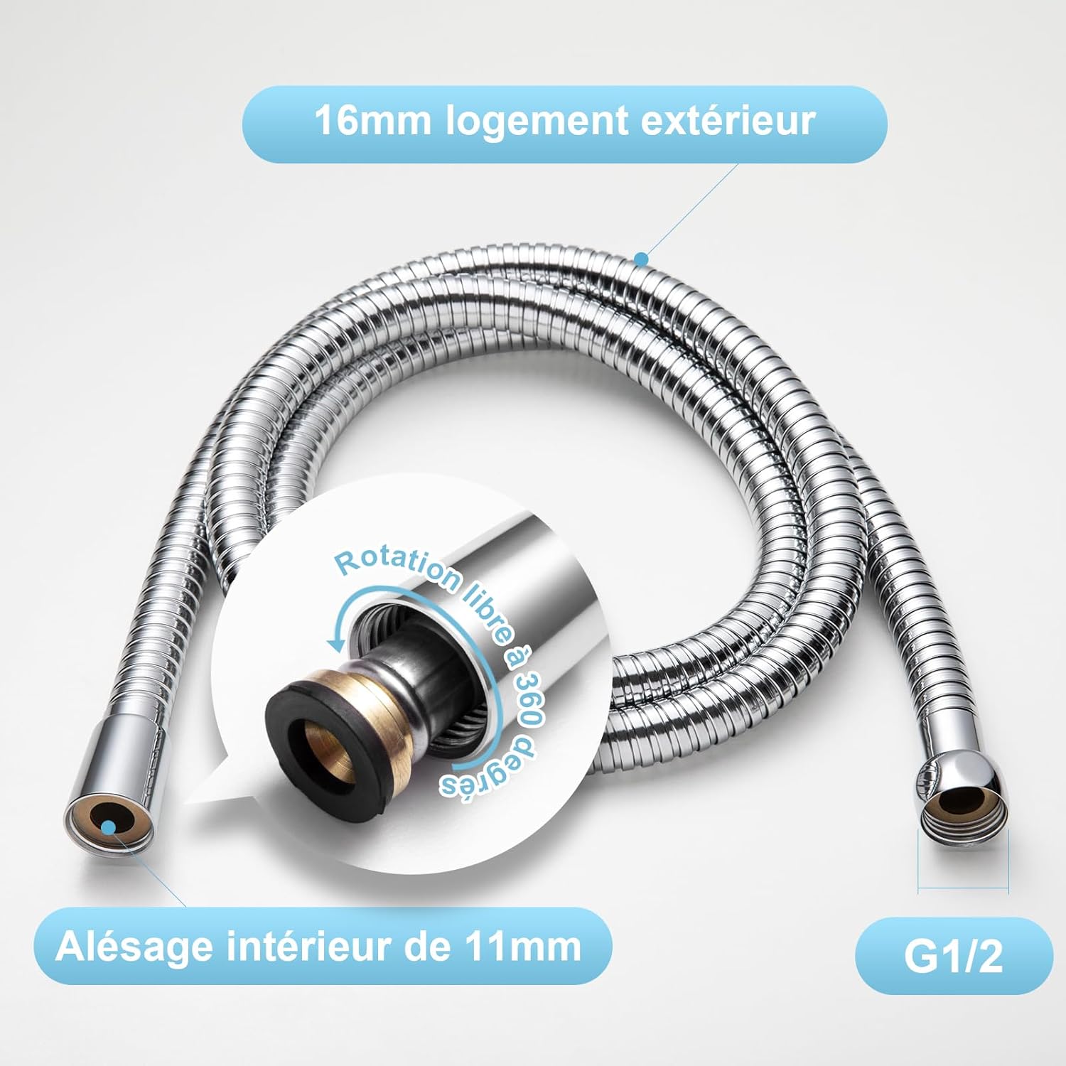 Thumbnail 6 de OFFO Flexible de Douche 1,6 m avec Protection Anti-torsion – Tuyau en Acier Inoxydable Chromé, 11 mm ( haute pression )