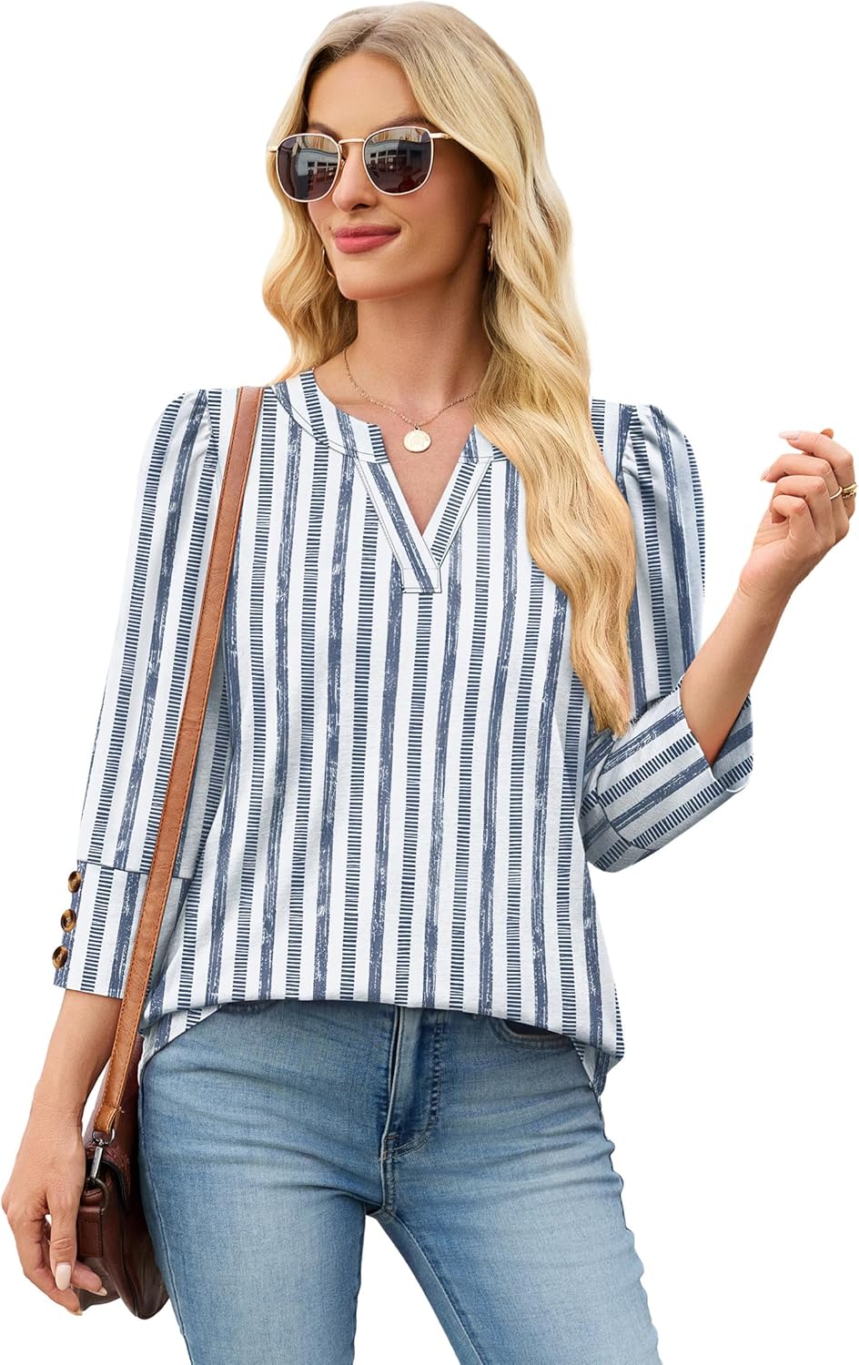 Thumbnail 2 de WIHOLL 3/4 Sleeve Women’s Top with Button Cuffs: Dressy Casual V-Neck Shirt for Spring to Early Fall