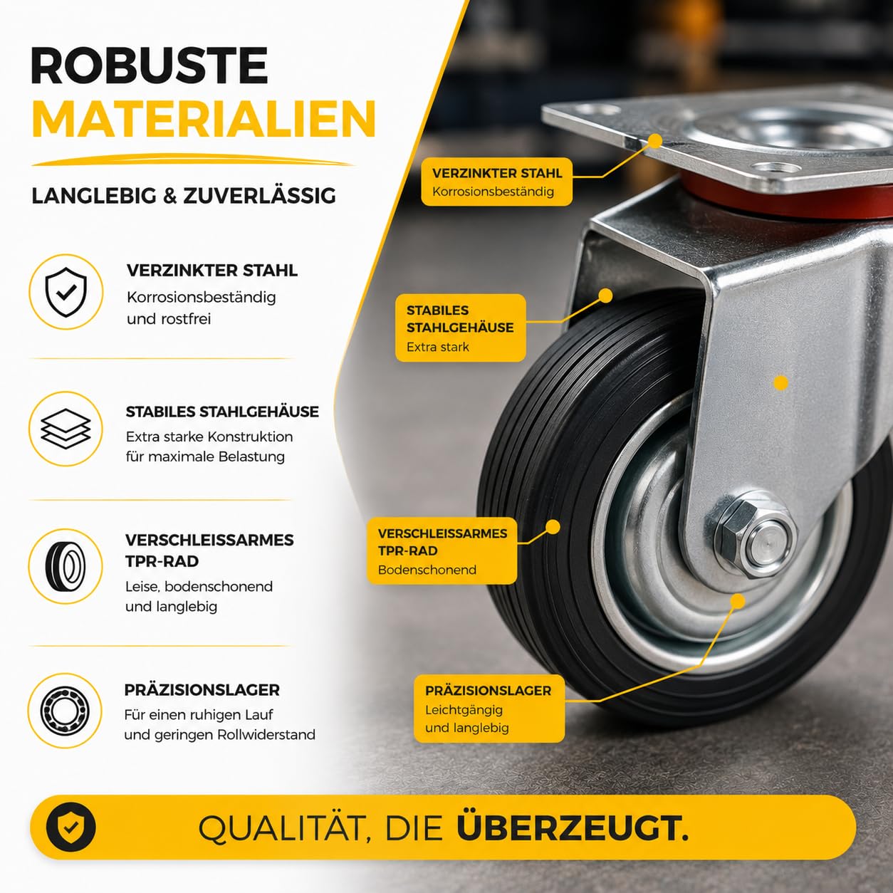 Thumbnail 1 de Lot de 4 roulettes de transport pivotantes 75 mm avec frein – charge jusqu’à 400 kg