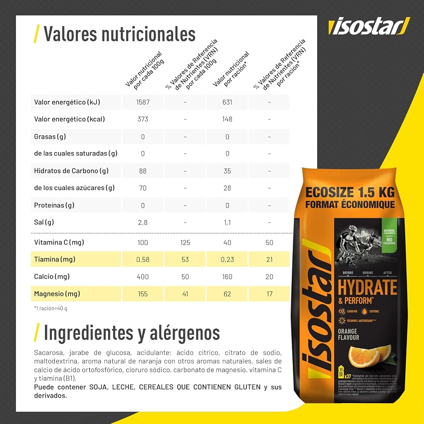 Detalle 2 de Isostar Hydrate & Perform 🥤 1.5 kg - Bebida isotónica naranja