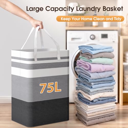 Detalle de HomeHacks 2 Pack Large Laundry Baskets (Grey, 75L x 2) with Freestanding Metal Frame