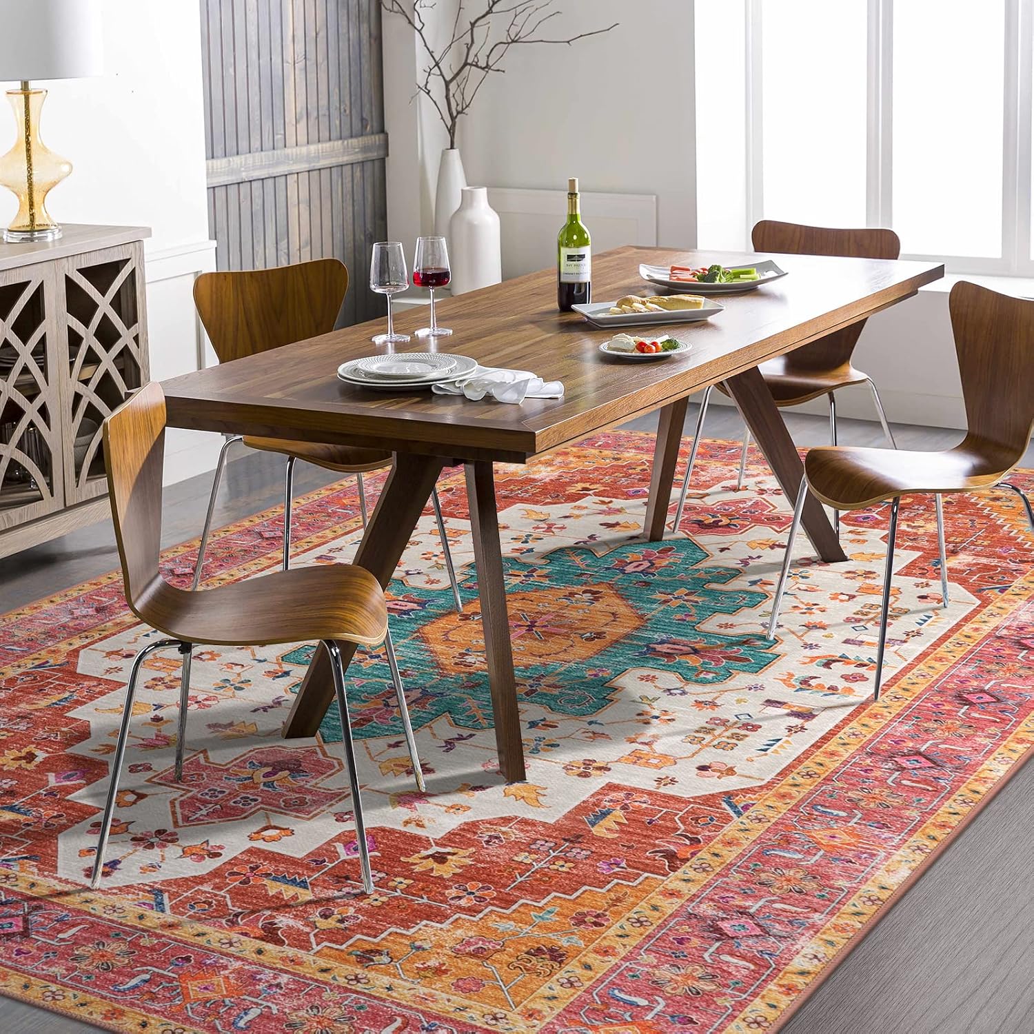 Detalle de Moynesa Ultra-Thin Pink Area Rug 8x10: Non-Slip, Low-Pile Medallion Rug for Busy Homes