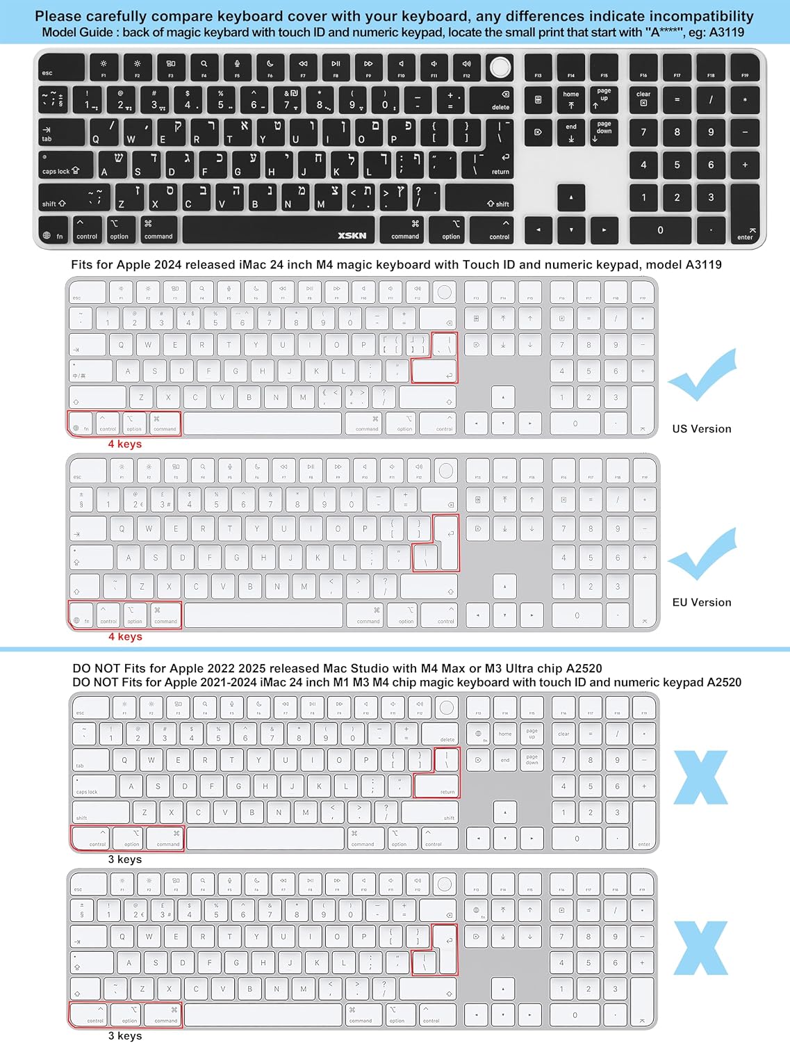 Thumbnail 4 de XSKN A3119 Hebrew Black Silicone Keyboard Cover for iMac M4 Magic Keyboard