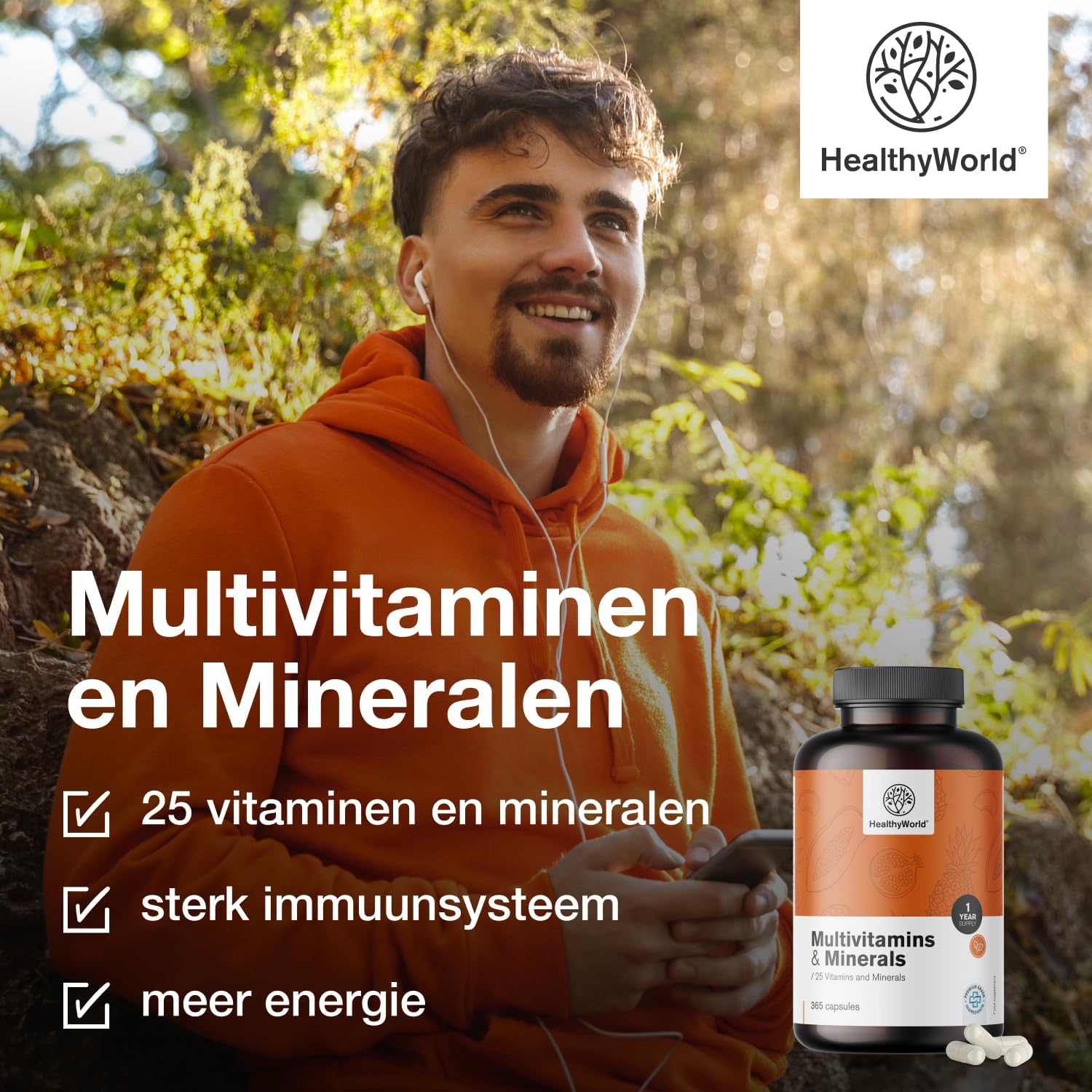 Thumbnail 4 de HealthyWorld multivitaminen en mineralen, 365 plantaardige capsules met 25 nutriënten