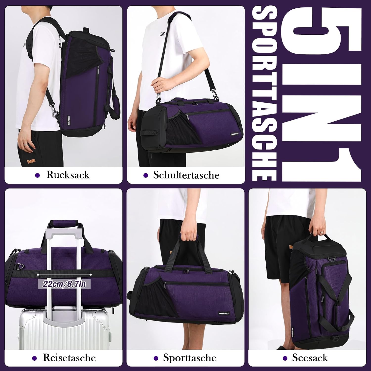 Detalle de BECOJADDE 40L Sporttasche Herren – Vielseitiger Gymnastikrucksack mit Schuhfach, Nassfach und Laptopfach