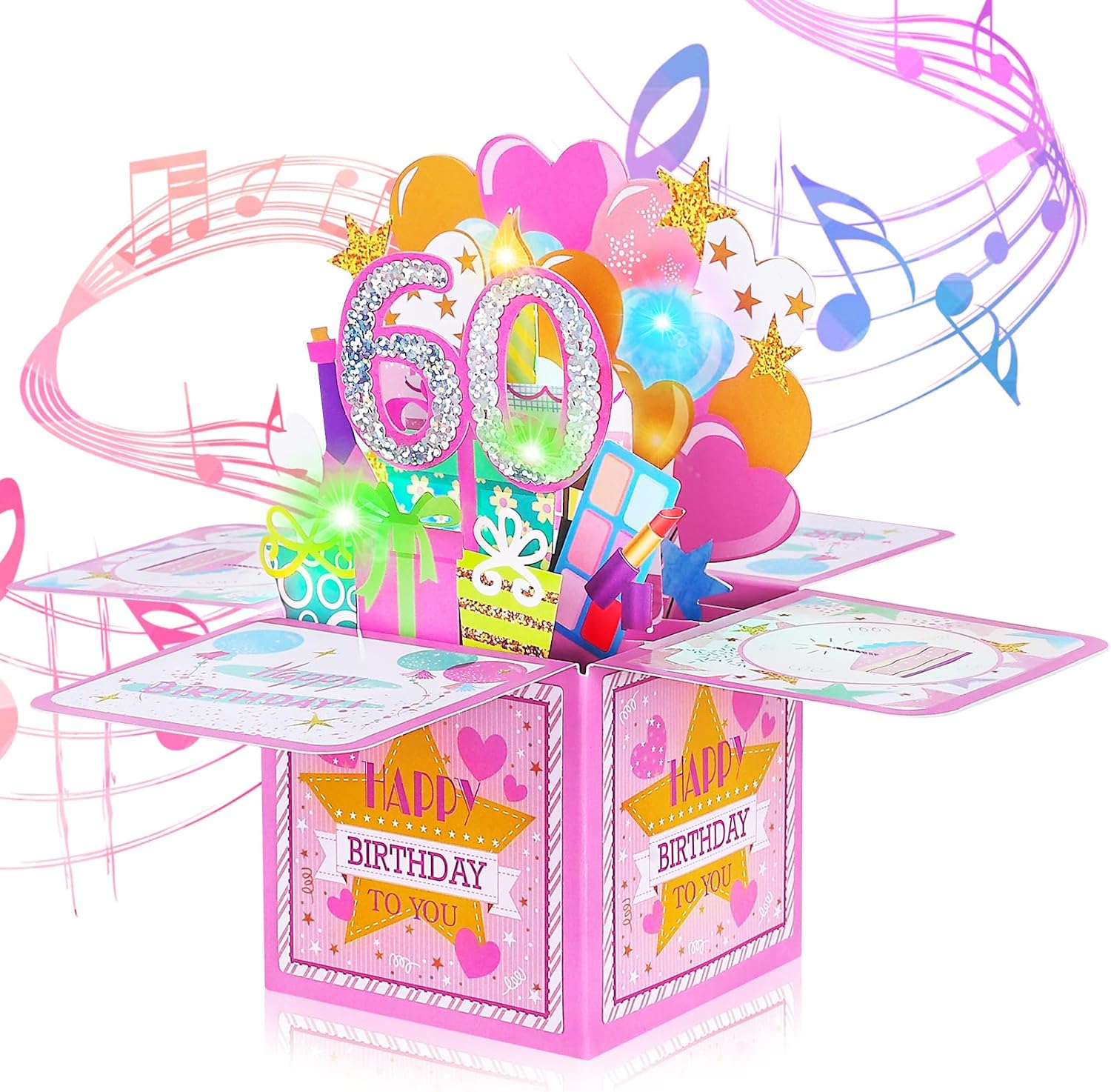 Detalle de Joyoldelf Biglietto Auguri Compleanno 60 Anni per Donna — Biglietto 3D Musicale e con Luce, Pop Up Raffinato e Divertente