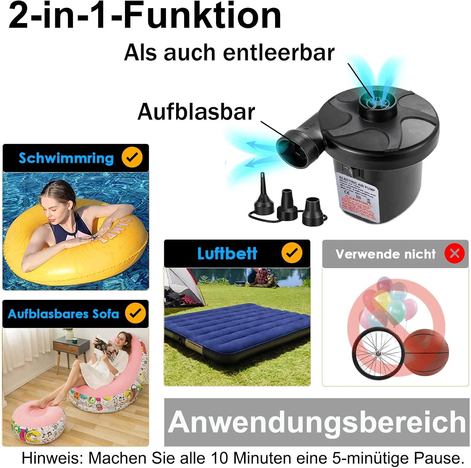 Thumbnail 2 de Elektrische Luftpumpe Luftmatratze 2-in-1 Pumpe