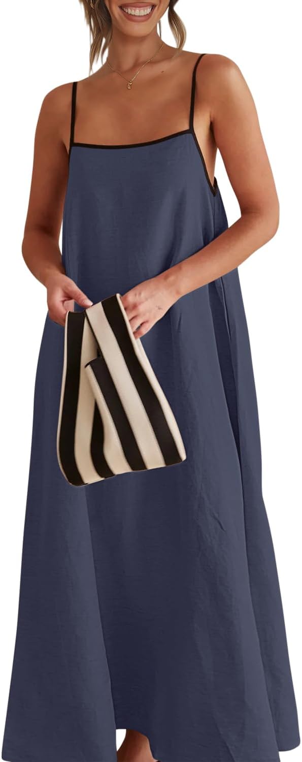 Detalle de Shy Velvet Women's 2026 Summer Linen Maxi Dress with Contrast Trim