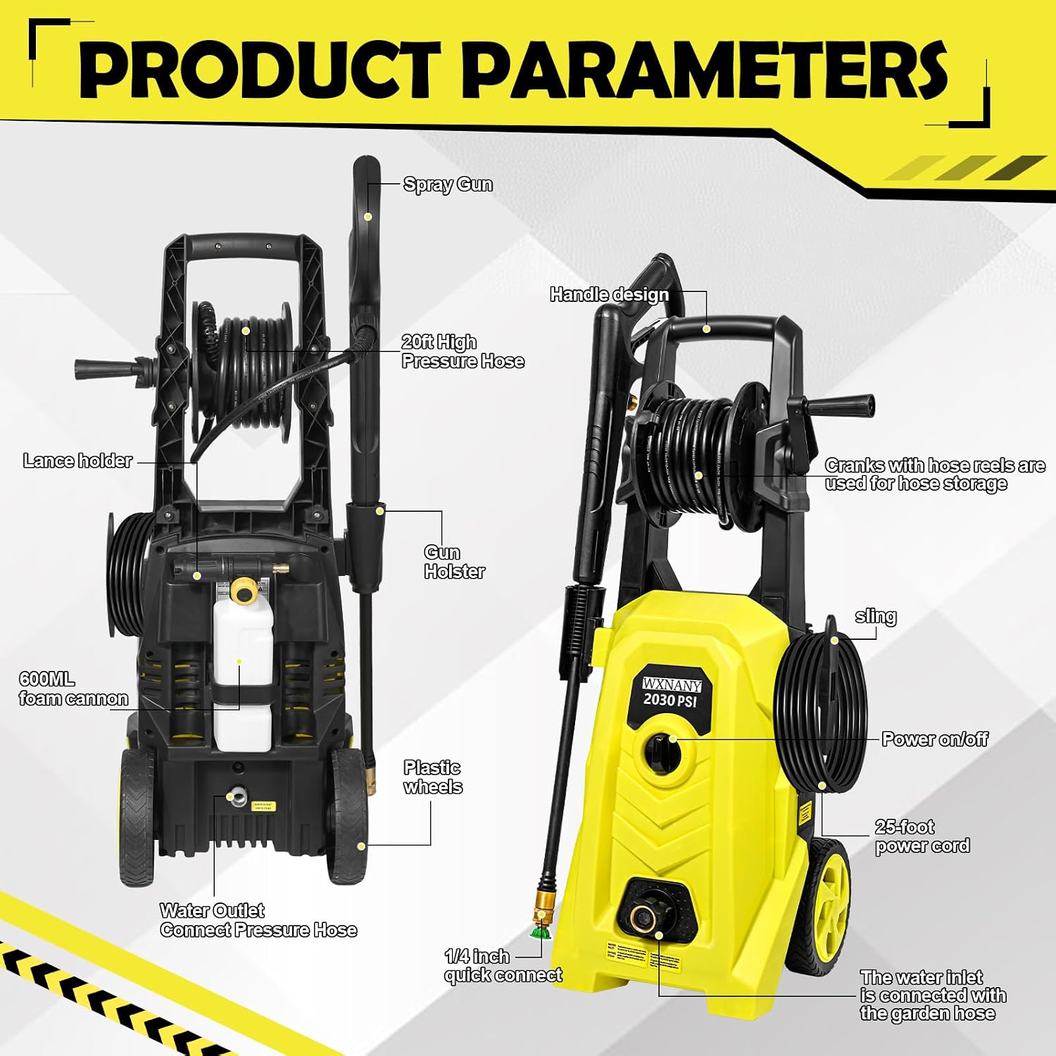 Detalle 2 de WXNANY CA-WXNY021-Yellow Electric Pressure Washer, 1.76 GPM, 4 Nozzles