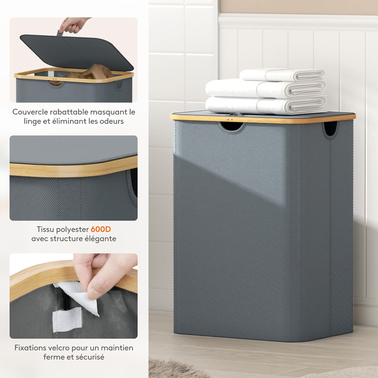 Detalle de Lifewit 23156 wasmand 150 l met deksel, bamboe en 3 uitneembare zakken