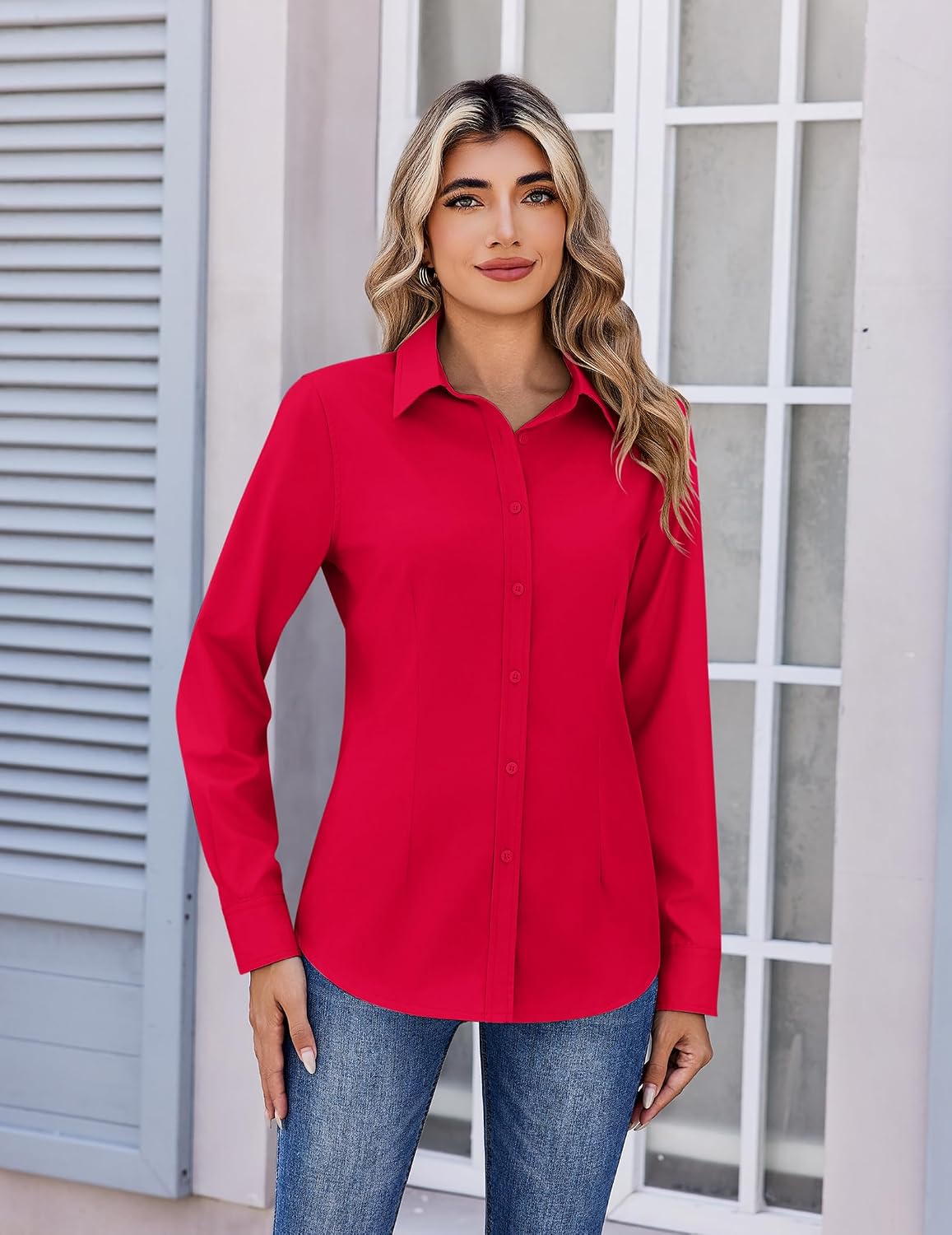 Detalle de Zeagoo Women's Wrinkle-Resistant Button-Down Shirt, Long Sleeve