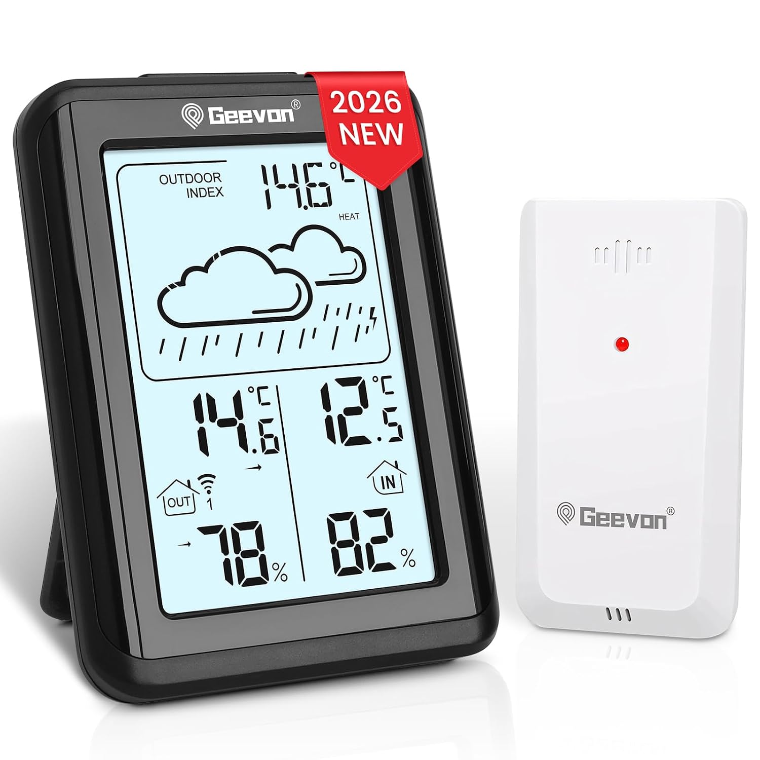 Geevon Indoor Outdoor Thermometer Hygrometer with 3 Sensors – 200ft Range, Mould Alerts, HD Display (No App)