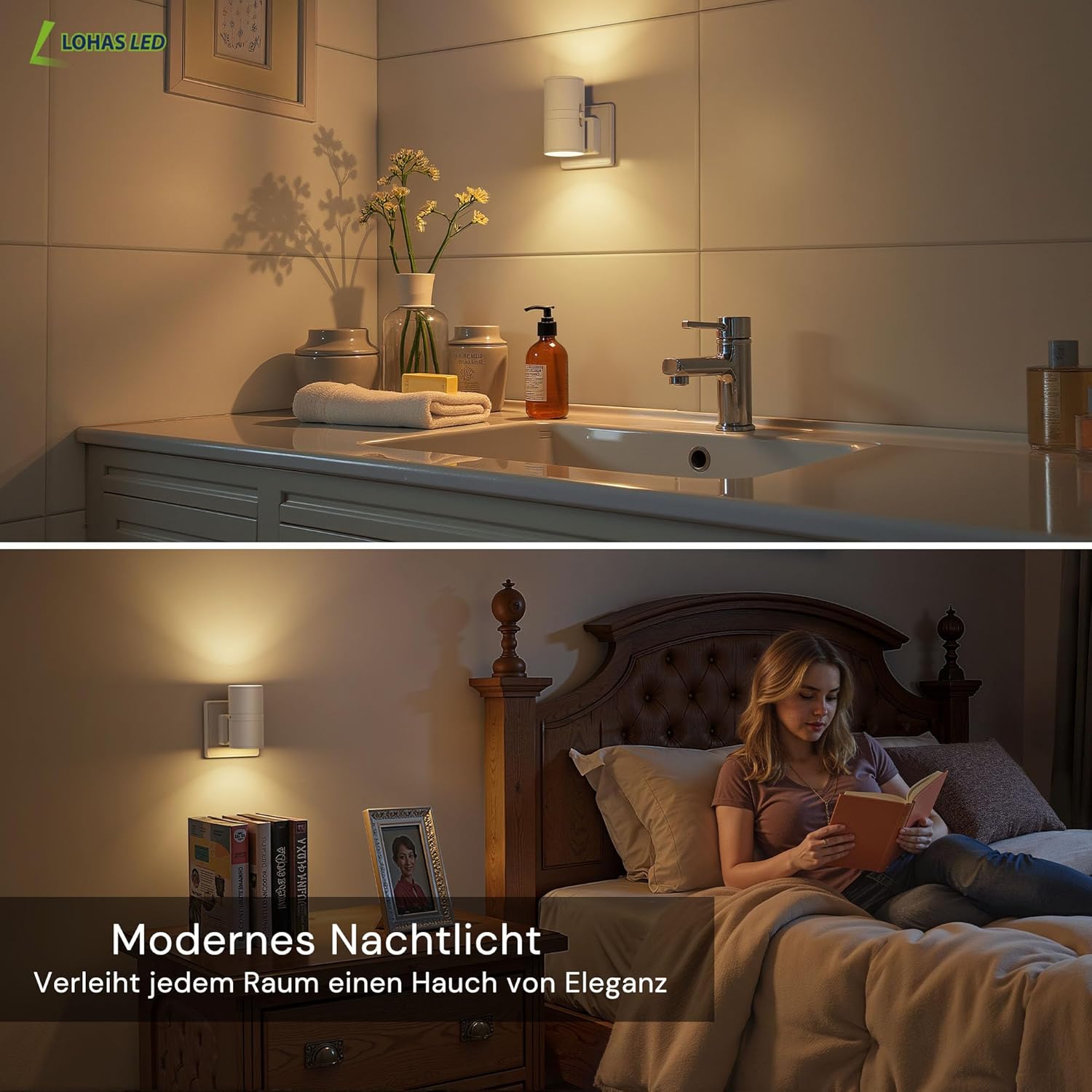 Thumbnail 5 de LOHAS-LED 2er-Nachtlicht Steckdosen-Set| Dimmbar 0–100% mit Dämmerungssensor, 3000K Warmweiß, kompakte Wandlampe im Retro-Design