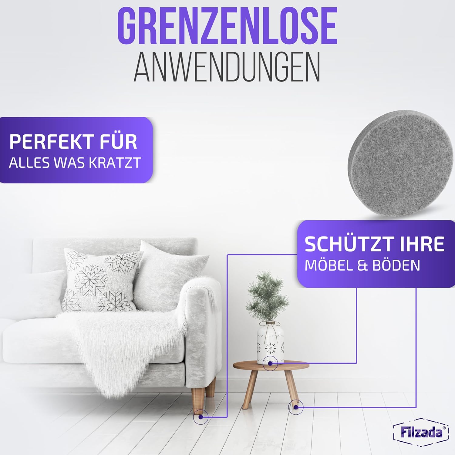 Thumbnail 2 de Filzada Filzgleiter Selbstklebend Set 106 Stück – Grau (Eckig & Rund) | Profi Möbelgleiter
