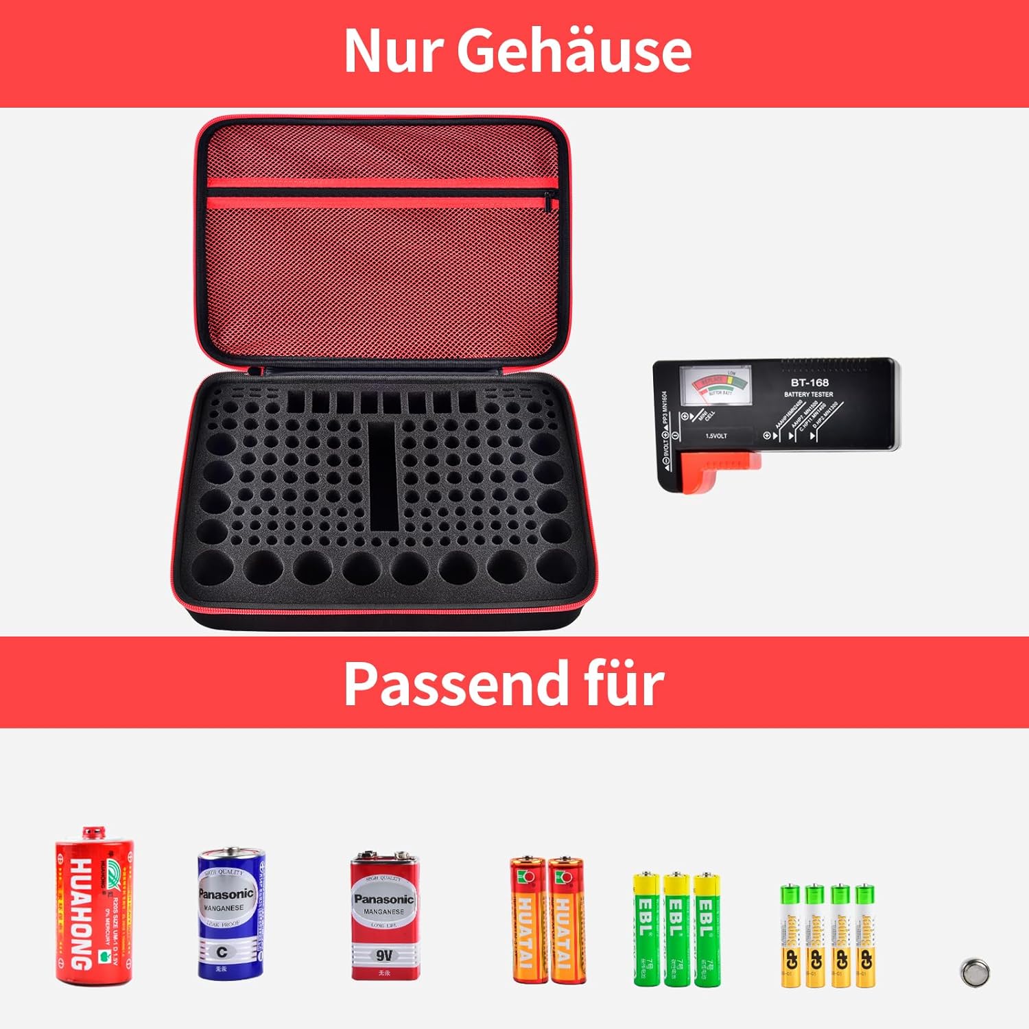 Detalle 2 de casmilee Akkus-Organizer mit Batterie-Tester für bis zu 162 Batterien (EVA, rot)
